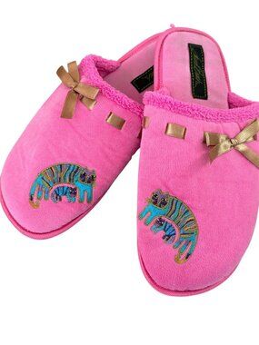 Laurel Burch Bath Spa Slippers Medium 7/8 Hot Pink Embroidered Cats Slip On